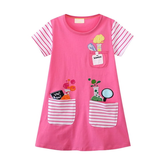 JLFKNG Infants Girls Dresses Cute Sweet Printed Short Sleeve Round Neck Ruffled Loose Knitted Cotton Dress With Pockets Comfortable Children's Sundress