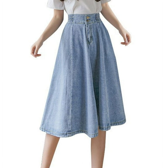 JLFKNG Ladys Leisure Skirts Oversized Vintage Pleated Denim Skirt For Women High Waist Knee Length Breathable Loose Fit A Line Skirt Comfy Womens Clothes