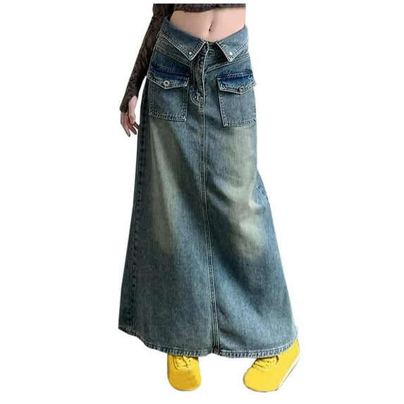 JLFKNG Ladys Leisure Skirts Oversized Vintage Split Hem Denim Skirt For Women High Waist Ankle Length A Line Wrapped Skirt Comfy Womens Clothes