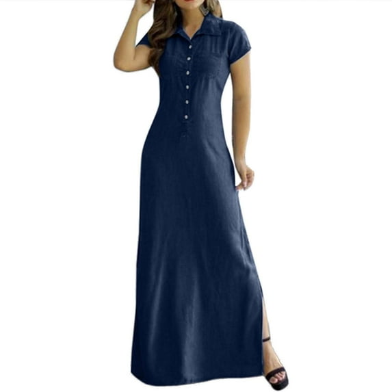 JLFKNG Ladys Leisure Skirts Slit Dresses With Pockets Oversized Breathable Loose Fit Denim Dress Fashion Swing Solid Color Comfy Womens Clothes