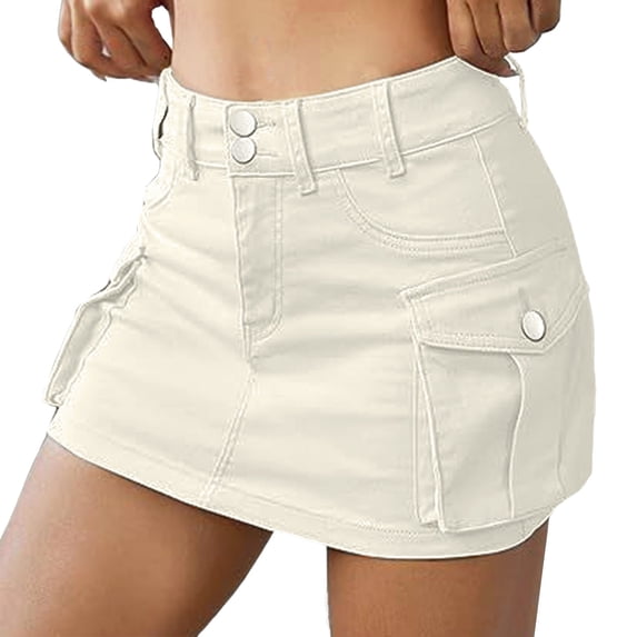 JLFKNG Leisure Ladys Dresses Simple Solid Color Cargo Skirts For Women Breathable Loose Fit Multi Pockets Above Knee Buttons Short Dress Comfortable Ladys Sundresses