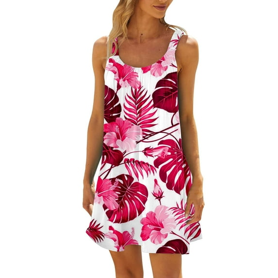 JLFKNG Leisure Womens Dresses Summer Loose Fit Dress Square Collar Sleeveless Backless Hawaiian Style Printed Above Knee Length Womens Daily Wear