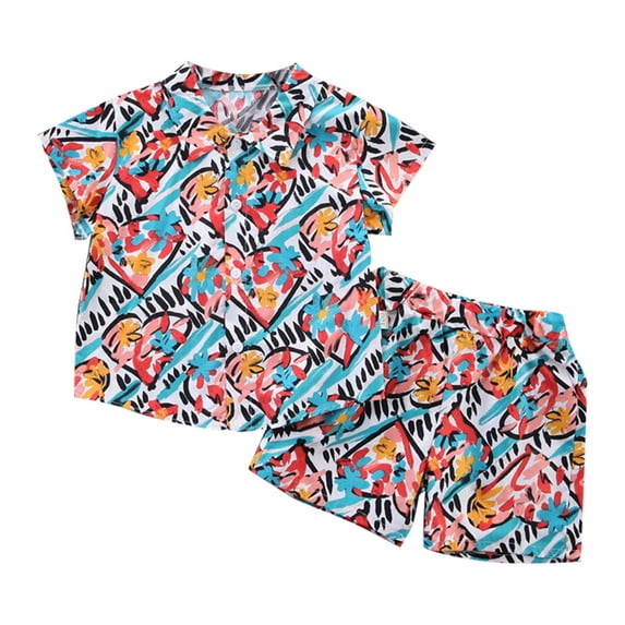 JLFKNG Little Boys Outfits Cute Sweet Hawaiian Style Printed Shirt Tops Short Sleeve Shorts With Elastic Waist Design Breathable Loose Fit 2Pcs Outfits Sets Comfy Dailywear