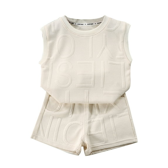 JLFKNG Little Boys Outfits Fashion Letter Printed Outfits Sleeveless Shirts Solid Color Shorts Set Breathable Loose Fit 2Pcs Sets