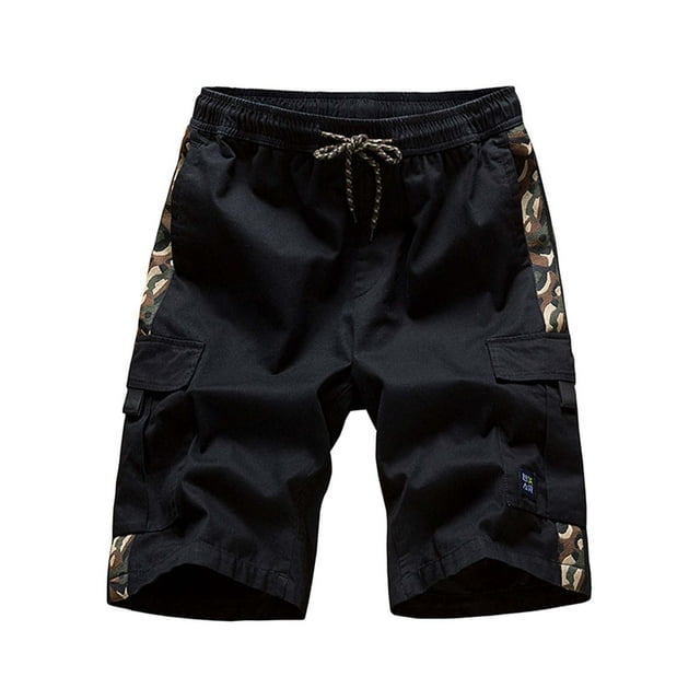 JLFKNG Male Casual Mid Waist Pant Short Cargo Pant Solid Splice Pocket Drawstring Shorts Comfy Mens Clothes
