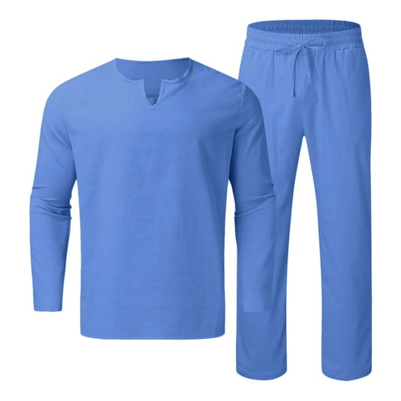 JLFKNG Men 2 Pieces Cotton Linen Set Shirt Long Sleeve And Casual Beach Pants Summer Yoga Outfits Comfy Summer Clothes
