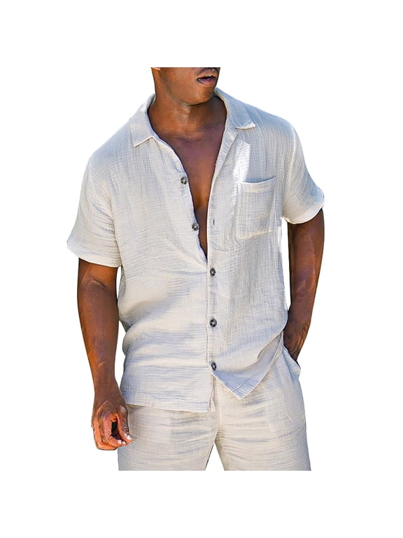 JLFKNG Men's 2 Piece Linen Set Short Sleeve Turn Down Collar Shirts With Pocket And Shorts Summer Beach Pants Pure Color Set Comfy Mens Sets