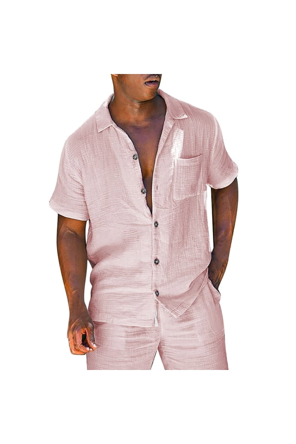 JLFKNG Men's 2 Piece Linen Set Short Sleeve Turn Down Collar Shirts With Pocket And Shorts Summer Beach Pants Pure Color Set Lounge Summer Sets