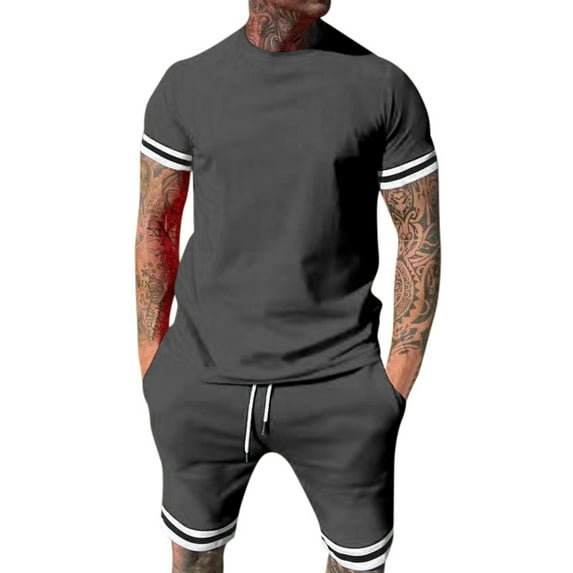 JLFKNG Men's 2 Piece Outfits Hipster Patchwork Tee Shirt And Shorts Set Solid Color Slim Fit Sports Tracksuits Comfy Summer Clothes