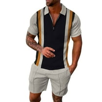 JLFKNG Men's 2Pcs Outfits Fashion Printed Short Sleeve Zipper Up T Shirt   Casual Shorts With Elastic Waist Drawstring Sets Comfy Mens Sets
