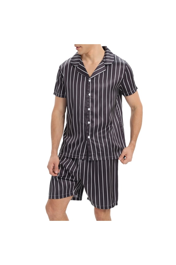 JLFKNG Men's 2Pcs Outfits Short Sleeve Pajamas + Casual Sleep Shorts With Elastic Waist Drawstring Sets Solid Color Sleepwear Buttons Up Lounge Summer Sets