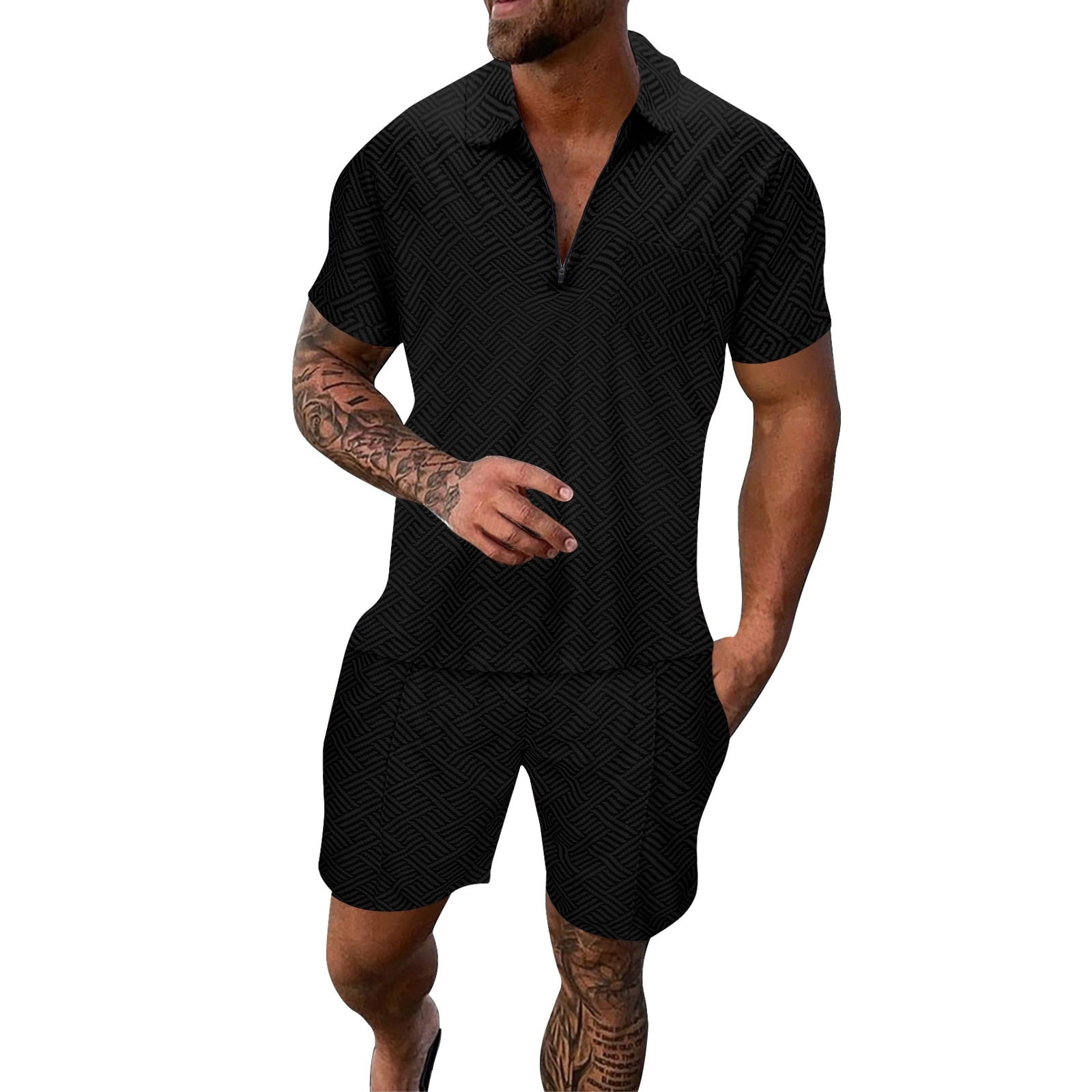 【SALE/60%OFF】 JLFKNG Men's 2Pcs Outfits Short Sleeve Zipper Up Striped T Clothing