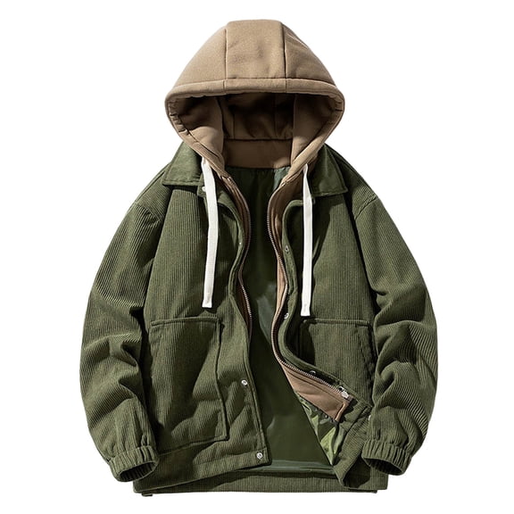 JLFKNG Men's Bomber Jackets Fashion Casual Fales Two Piece Hooded Corduroy Long Sleeve Work Jacket With Pocket Comfy Mens Clothing