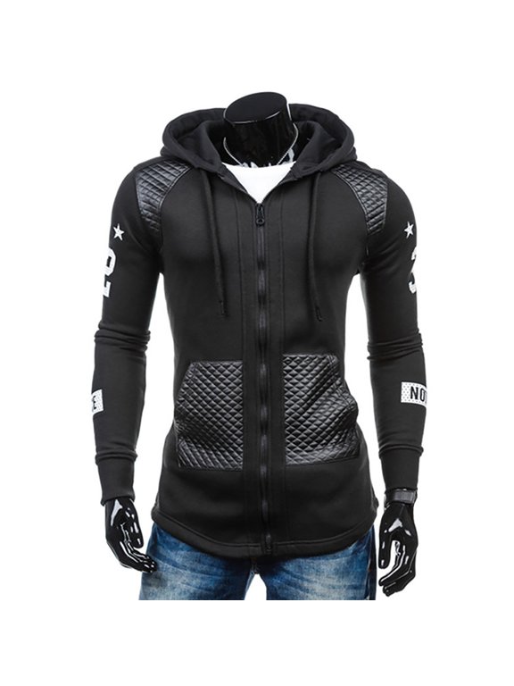 JLFKNG Men's Bomber Jackets Fashion Patchwork Leather Jacket Long Sleeve Zipper Up Hooded Jackets With Pockets Mid Length Comfy Mens Clothing