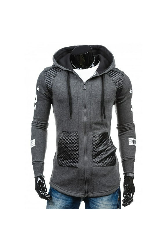JLFKNG Men's Jacket Fashion Patchwork Leather Jacket Long Sleeve Zipper Up Hooded Jackets With Pockets Mid Length Comfy Mens Clothing