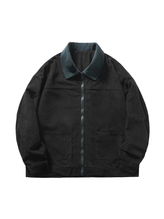 JLFKNG Men's Lightweight Bomber Jackets Oversized Casual Corduroy Jackets For Men Fashion Patchwork Color Long Sleeve Lapel Loose Fit Buttons Up Jacket Tops With Pockets Comfy Mens Clothes