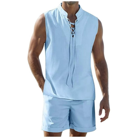 JLFKNG Men's Sets 2 Piece Beach Outfits Lace Up Hippie Tank Tops Summer Casual Sleeveless Shirts Matching Shorts Set Lounge Summer Sets