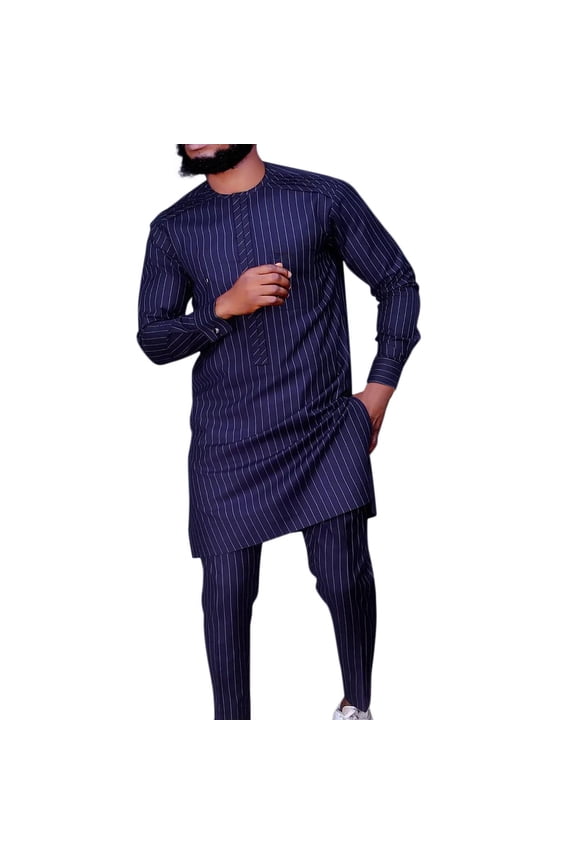 JLFKNG Men's Simple Casual Suit African Style Long Sleeve Stripe Solid Color Shirt And Pants Suit Comfy Mens Sets