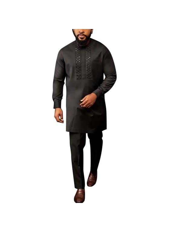 JLFKNG Men's Simple Suit African Style Long Sleeve Solid Color Shirt And Pants Casual Suit Comfy Mens Sets