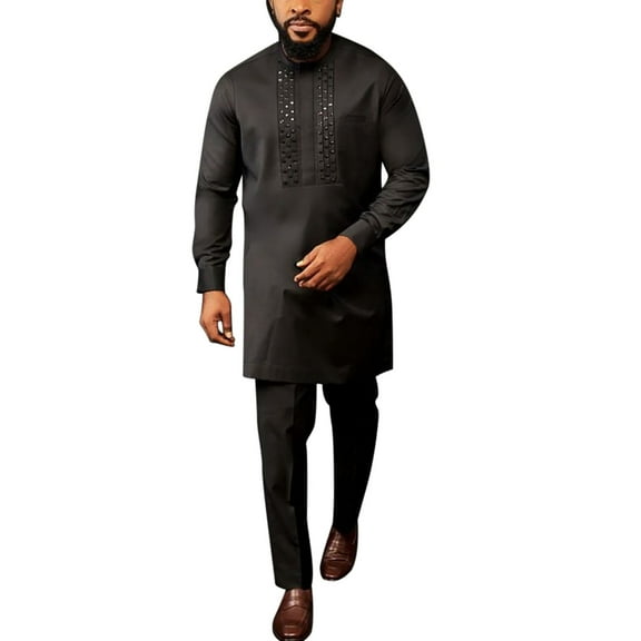 JLFKNG Men's Simple Suit African Style Long Sleeve Solid Color Shirt And Pants Casual Suit Lounge Summer Sets