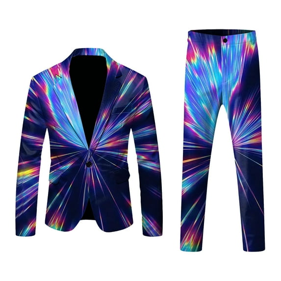 JLFKNG Mens 2Pcs Outfits Colorful Printed Long Sleeve Business Dress Suit Jacket Trousers Sets Slim Fit Festival Style Comfy Mens Sets