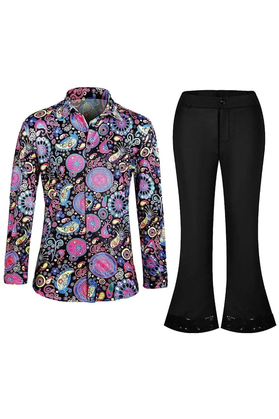 JLFKNG Mens 70S Disco Outfit Retro Floral Shirt Flare Pants Two Piece Stage Performance Outfit Set Suitable For Vacation