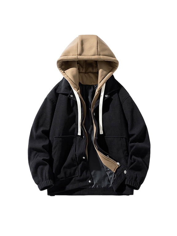 JLFKNG Mens Casual Lightweight Jacket Fashion Casual Fales Two Piece Hooded Corduroy Long Sleeve Work Jacket With Pocket Comfy Mens Clothes
