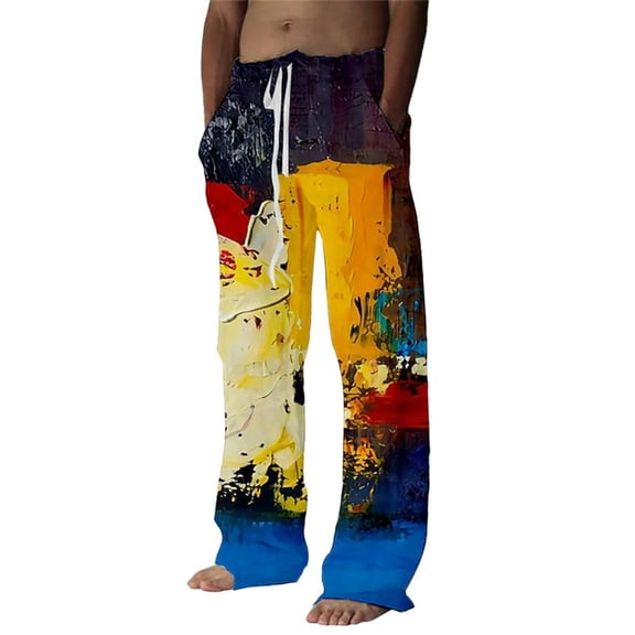 JLFKNG Mens Casual Pants Tie Dye Printed Breathable Loose Fit Trousers With Side Pockets Straight Leg Mens Dailywear