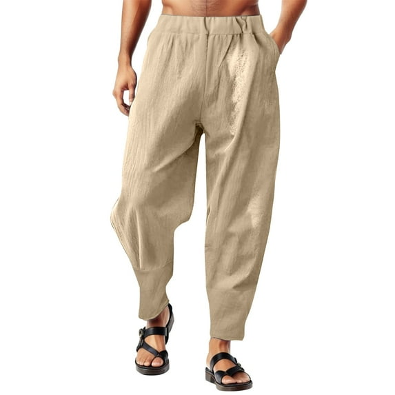 JLFKNG Mens Pants Summer Loose Fit Breathable Pants With Side Pockets And Elastic Waist String Simple Solid Color Suitable For Sports