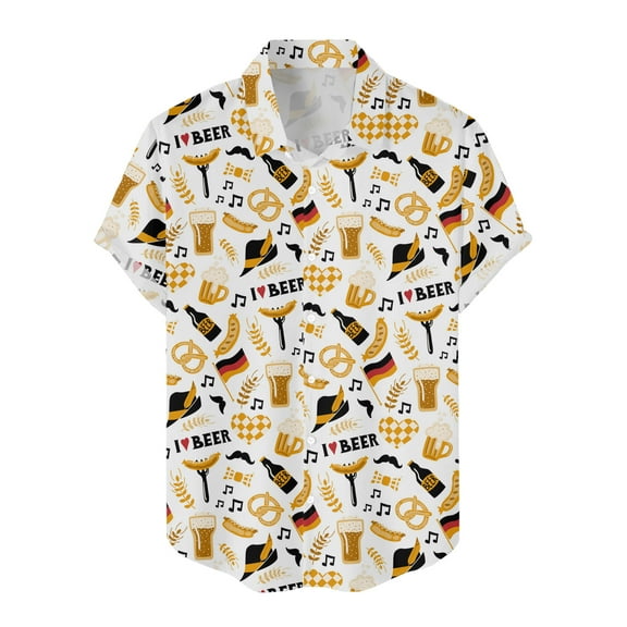 JLFKNG Mens Shirts Casual Fashion Oktoberfest Printed T-Shirts Short Sleeve Cartoon Printed Cardigan Shirts For Men Comfy Mens Clothes