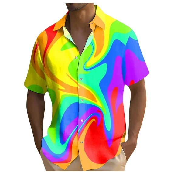 JLFKNG Mens Shirts Casual Short Sleeve Shirts For Men Colorful Rainbow Printed Buttons Up Breathable Loose Fit Shirt Tops Comfy Mens Clothes