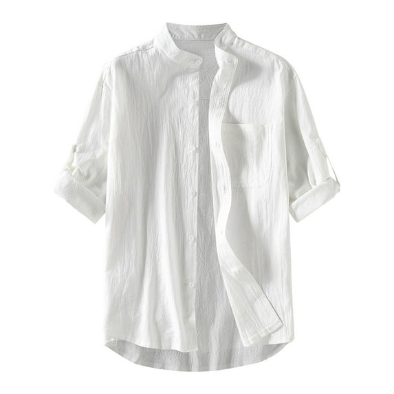 JLFKNG Mens Shirts Casual Simple Solid Color Mens Shirts Loose Fit Linen Cotton Shirt Short Sleeve Buttons Up Breathable Loose Fit Lounge Summer Tops