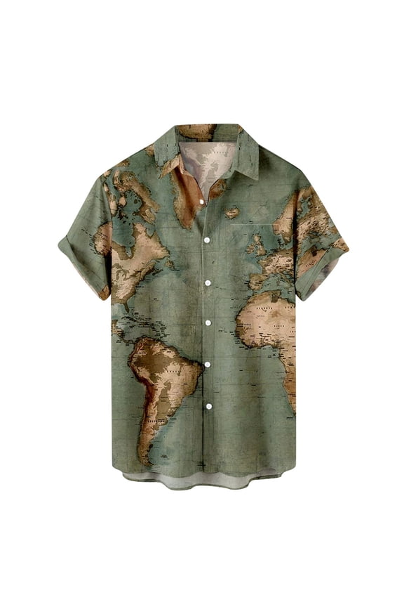 JLFKNG Mens Shirts Fashion World Map Printed T Shirt Breathable Cool Short Sleeve Buttons Up T-Shirt Tops For Men Lapel Comfy Summer Clothes