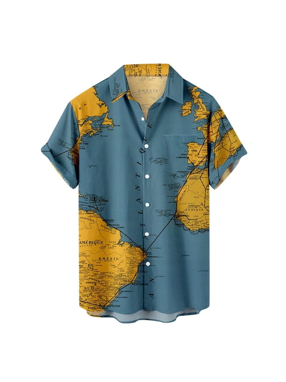 JLFKNG Mens Shirts Fashion World Map Printed T Shirt Breathable Cool Short Sleeve Buttons Up T-Shirt Tops For Men Lapel Lounge Clothing Fot Men