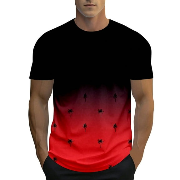 JLFKNG Mens Shirts Hawaiian Style Coconut Tree Printed Gradient Color Tee Tops Crew Neck Short Sleeve Braethable Loose Fit Tee Shirts Suitable For Vacation