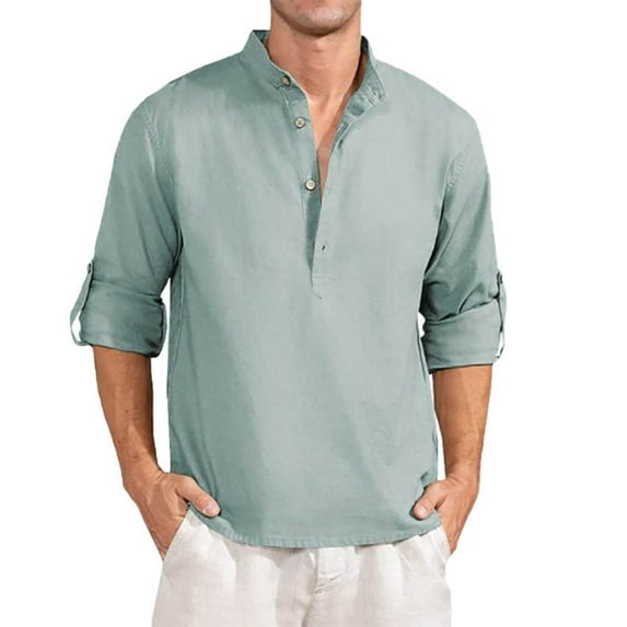 JLFKNG Mens Shirts Simple Solid Color Tshirts Crew Neck Long Sleeve Cotton Linen Breathable Loose Fit Tee Shirts With Pockets Comfy Summer Clothes