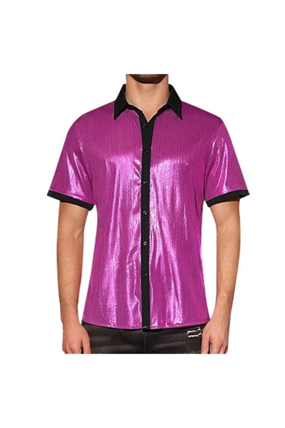 JLFKNG Mens Shirts Solid Color Dress Shirts Sequins Button Up Breathable Slim Fit Shirt 70S Disco Party Lounge Clothing Fot Men