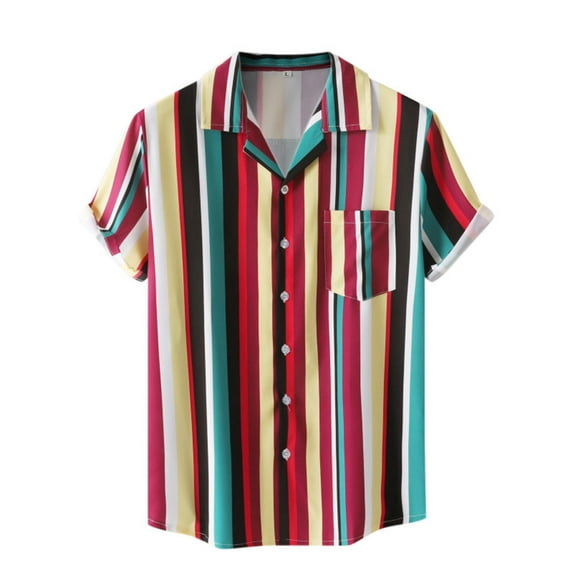 JLFKNG Mens T-Shirts Fashion Hawaiian Style Striped Printed Lapels Buttons Short Sleeve Shirt Tops Breathable Loose Fit Comfy Summer Clothes