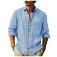 thumbnail image 1 of JLFKNG Mens T-Shirts Simple Solid Color Shirt Tops Lapel Long Sleeve Cotton Linen Breathable Loose Fit Tee Shirts Buttons Up Lounge Summer Tops, 1 of 5