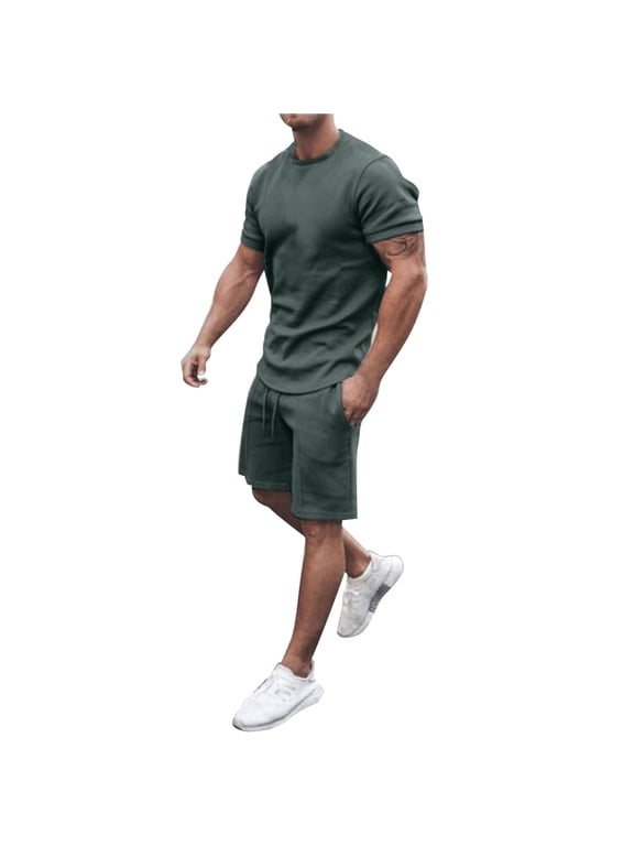 JLFKNG Oversized Men's 2Pcs Solid Color Outfits Short Sleeve Sports Shirts + Athletic Shorts With Elastic Waist Drawstring Sets Loose Fit Comfy Mens Sets