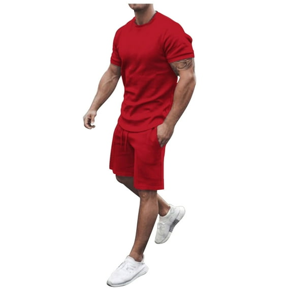 JLFKNG Oversized Men's 2Pcs Solid Color Outfits Short Sleeve Sports Shirts + Athletic Shorts With Elastic Waist Drawstring Sets Loose Fit Comfy Summer Clothes
