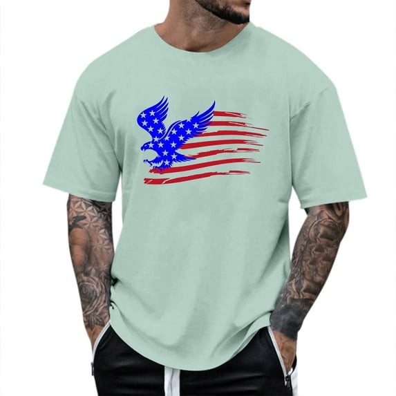 JLFKNG Shirts For Men Independence Day Style Printed Patriotic Shirts For Men Short Sleeve Crew Neck Breathable Loose Fit Comfy Mens Clothes