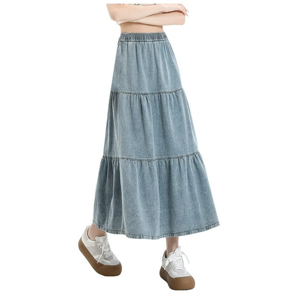 JLFKNG Skirts For Women Oversized Vintage Split Hem Denim Skirt For Women High Waist Ankle Length A Line Wrapped Skirt Womens Dailywear