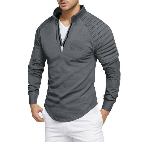 JLFKNG Summer Polo Shirts For Men Long Sleeve T Shirt For Men Summer Stretch Stretch Business Pleated Shirts Tops Zipper Up Lounge Summer Tops