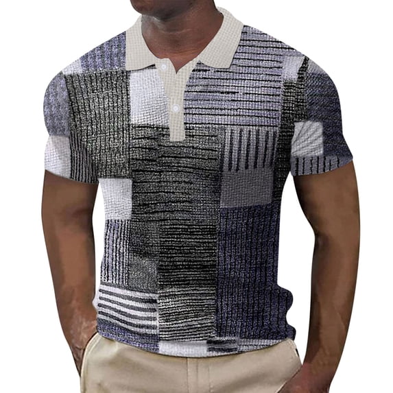 JLFKNG Summer Polo Shirts For Men Short Sleeve Polo Shirts For Men Classic Plaid Printed Casual Slim Fit Shirt Tops Buttons Up Lounge Summer Tops