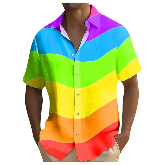 JLFKNG Summer Shirts For Men Short Sleeve Shirts For Men Colorful Rainbow Printed Buttons Up Breathable Loose Fit Shirt Tops Suitable For Outdoor Sports