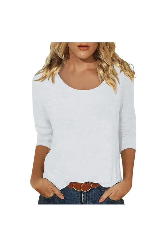 JLFKNG T Shirts For Women Casual Solid Color Print Scoop Neck Low Cut 3/4 Sleeve T Shirt Top Comfy Womens Clothes