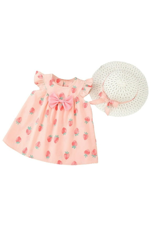 JLFKNG Toddler Baby Girls Dresses Cute Sweet Strawberry Printed Short Sleeve Ruffled Elastic Breathable Dress Party Sundress