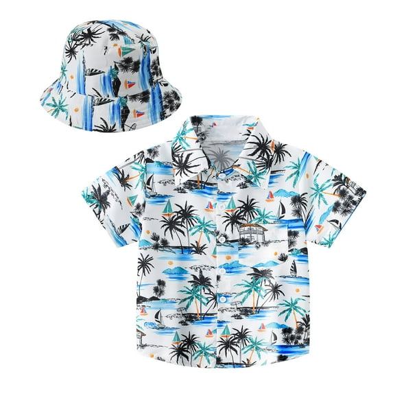 JLFKNG Toddler Boys T-Shirts Short Sleeve T Shirts Lapel Cute Cartoon Printed Hawaiian Style Printed Breathable Loose Fit Buttons Up Shirt Tops With Hats Comfy Kids Clothing