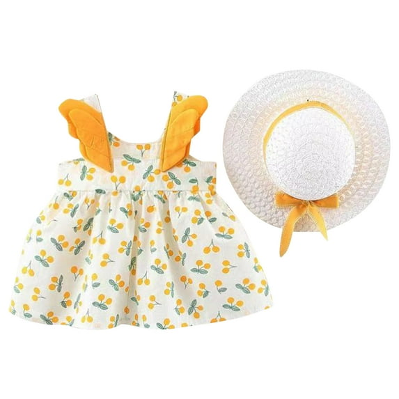 JLFKNG Toddler Child Girls Dresses Casual Sleeveless O Neck Cute Cherry Printed Loose Fit Tulle Mesh Girls Dress With A Hat Set Suitable For Dailywear, Party